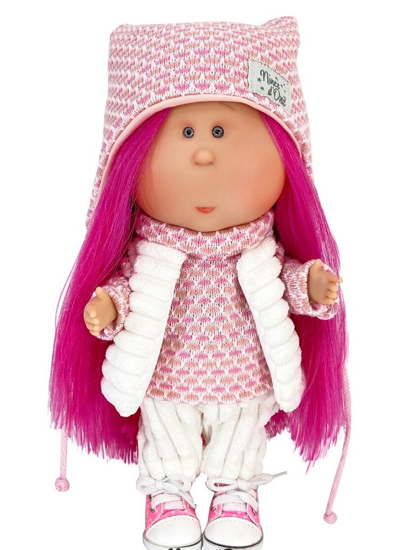 Doll Hot Pink Hair KnitPink Hat-White Vest