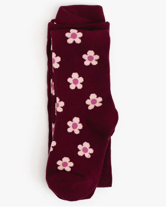 Girls Cable Knit Tights - Burgundy Flowers