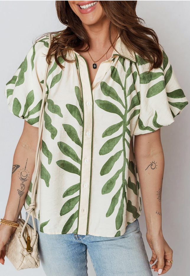 Green Leaf Print Balloon Sleeve Top