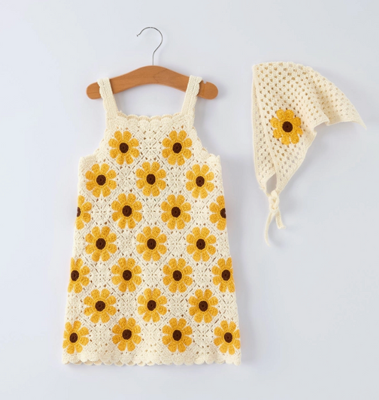 Girls Crocheted Sunflower Dress + Headscarf