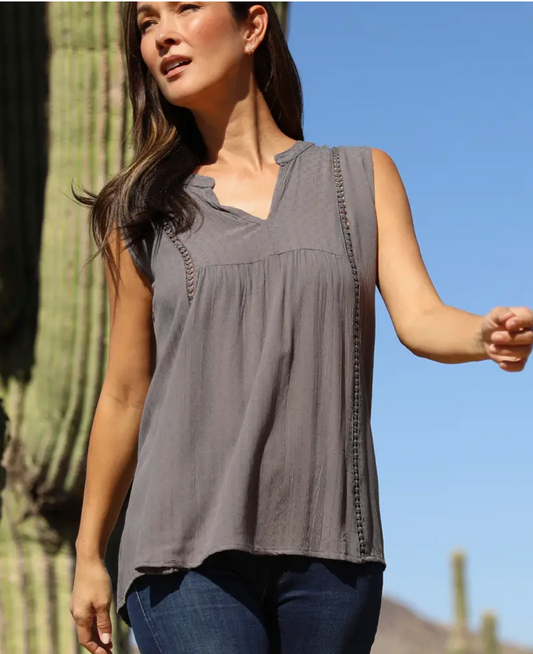 Textured Ladder Lace Trim Hi Lo Tank Top