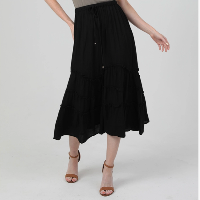 Tie Waist Wavy Ruffle Maxi Skirt