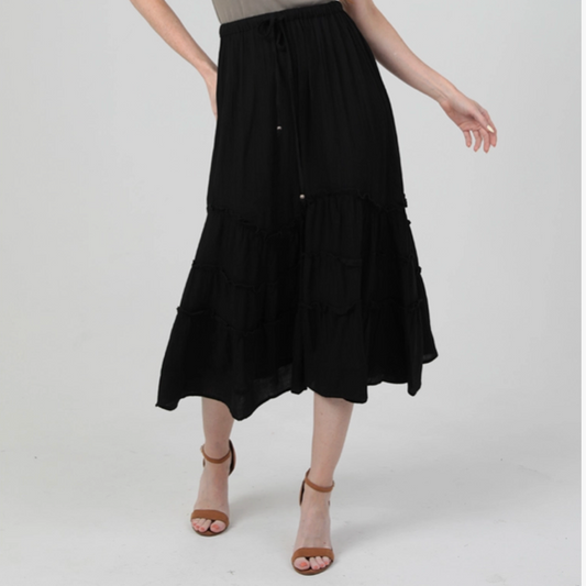 Tie Waist Wavy Ruffle Maxi Skirt