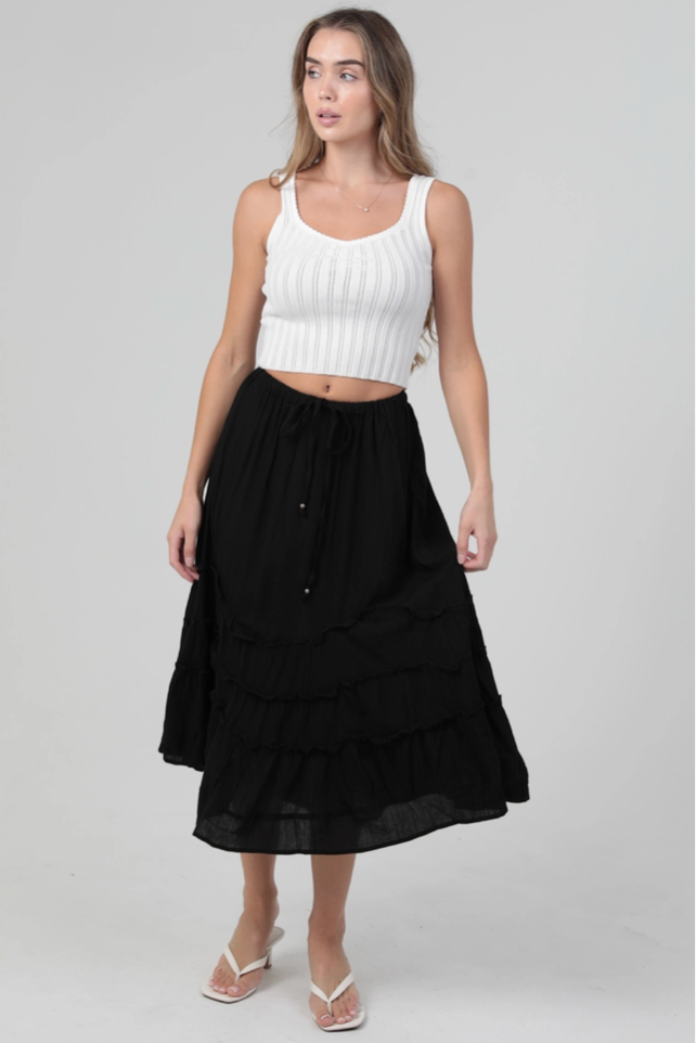 Tie Waist Wavy Ruffle Maxi Skirt