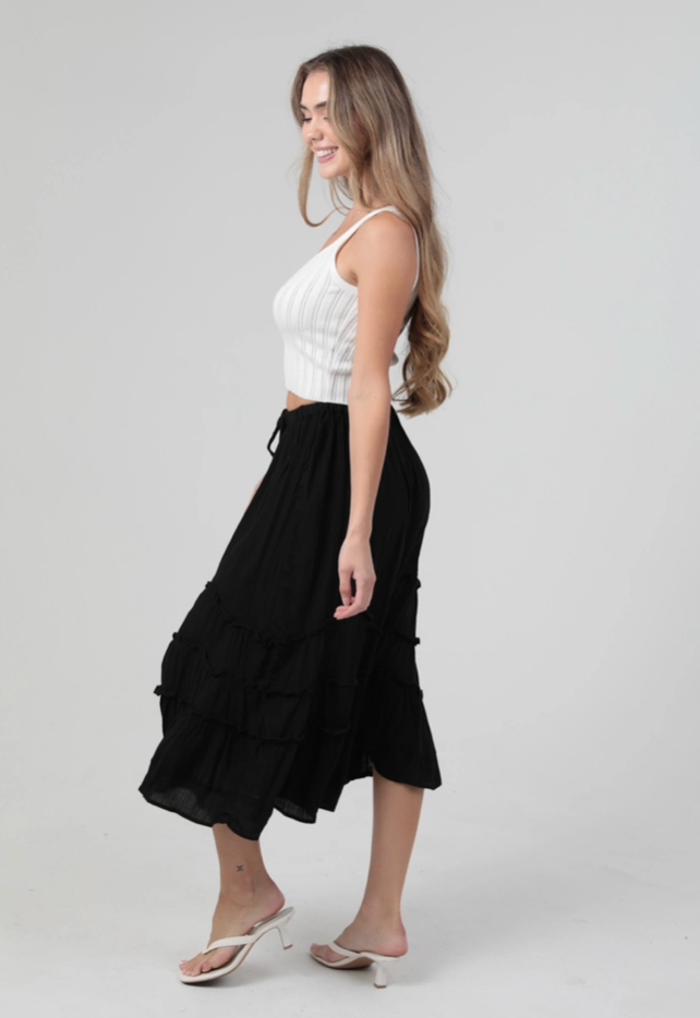 Tie Waist Wavy Ruffle Maxi Skirt