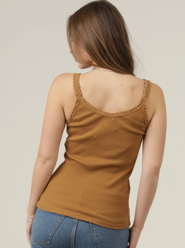 Rib Knit Lace Trim Henley Tank Top