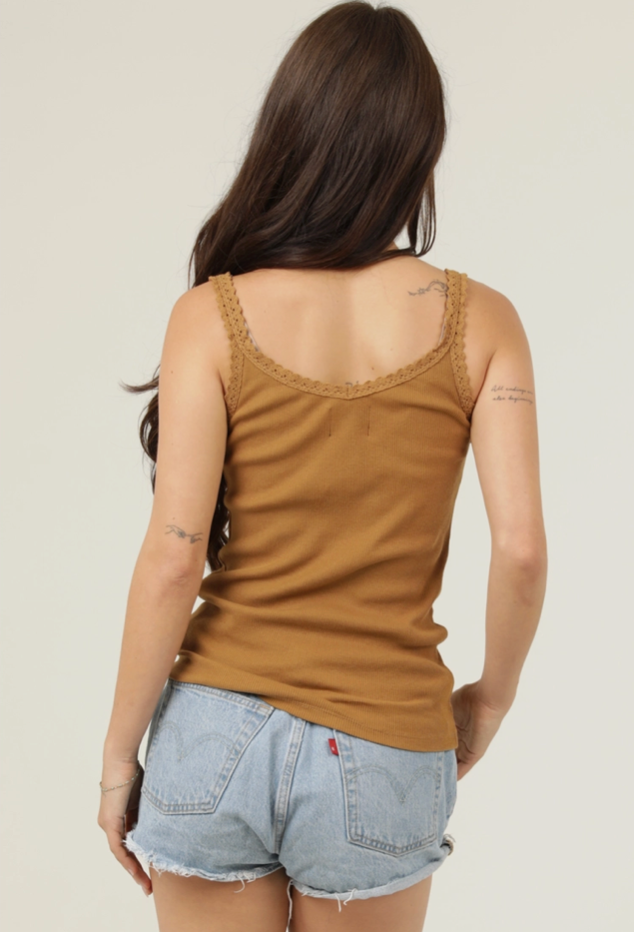 Rib Knit Lace Trim Henley Tank Top