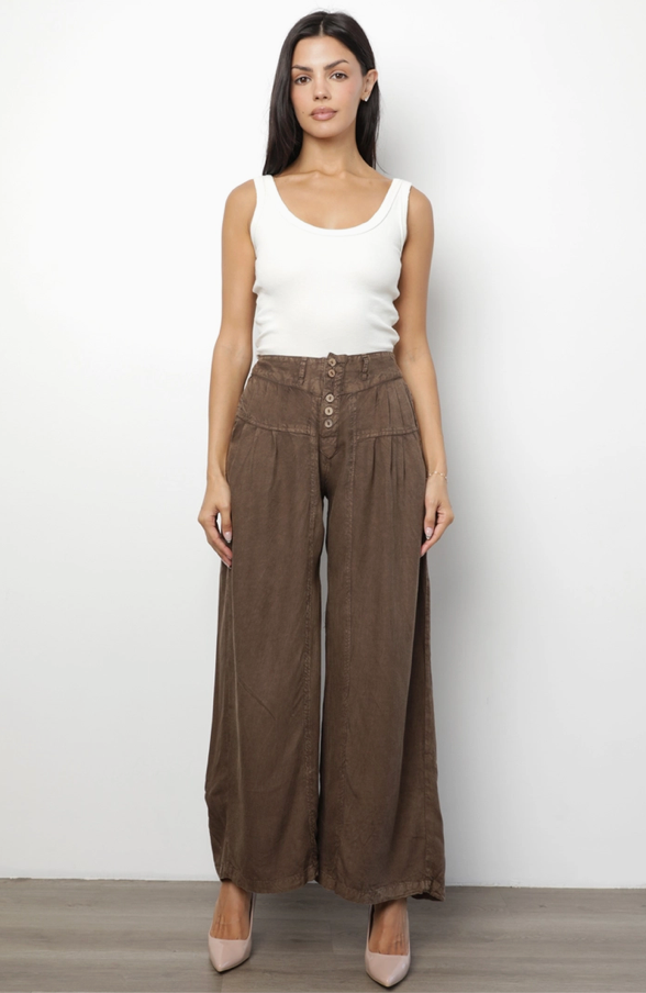 Acid Wash Button Front Wide Leg Pants