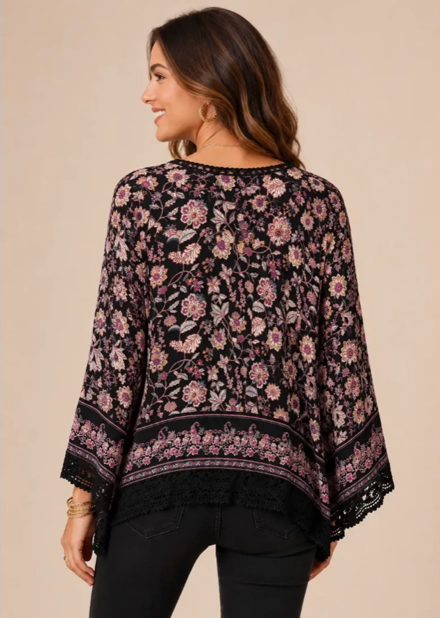 3/4 Sleeve Crochet Trim Blouse
