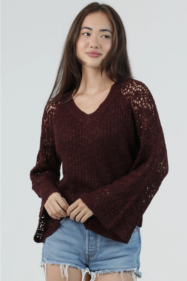 V-Neck Lightweight Pullover w/ Flare Sleeves