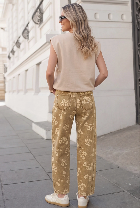 Floral Print High Waist Khaki Jeans