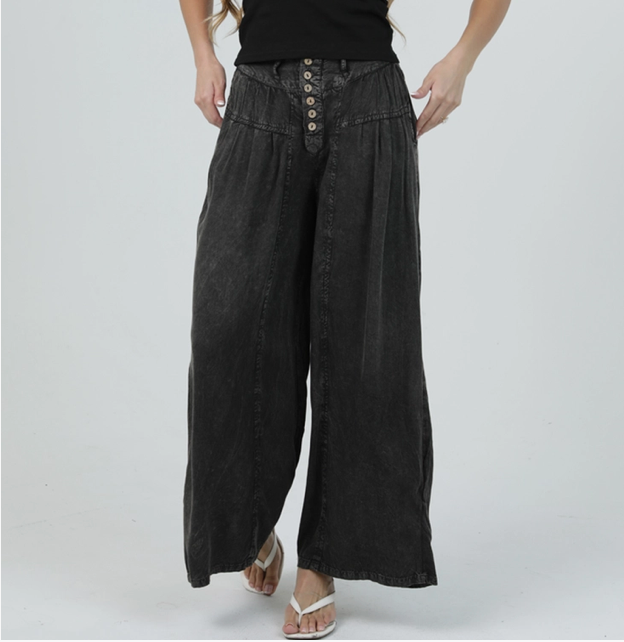 Acid Wash Button Front Wide Leg Pants