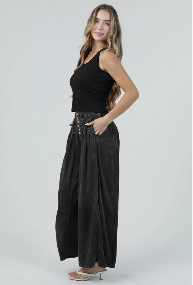 Acid Wash Button Front Wide Leg Pants