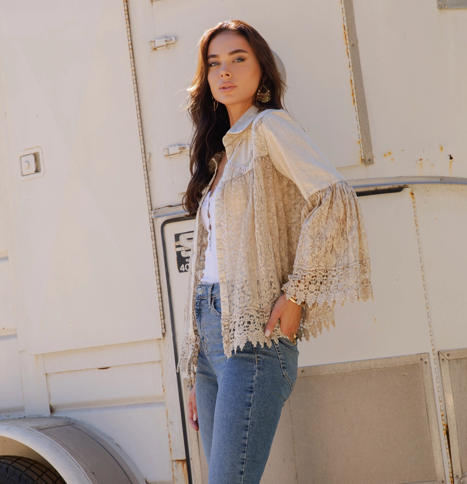 Crochet Lace Shrug Jacket w/ Bell Sleeves