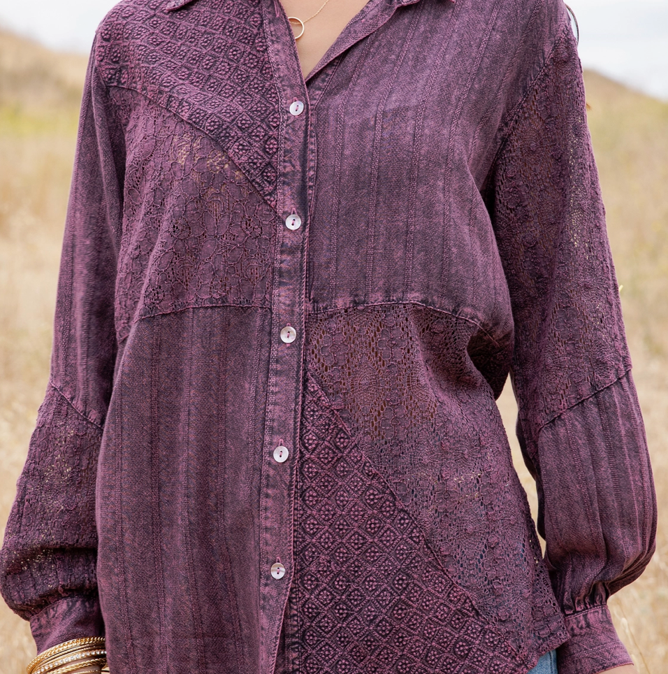 Vintage Washed Lace Patchwork Shacket Top