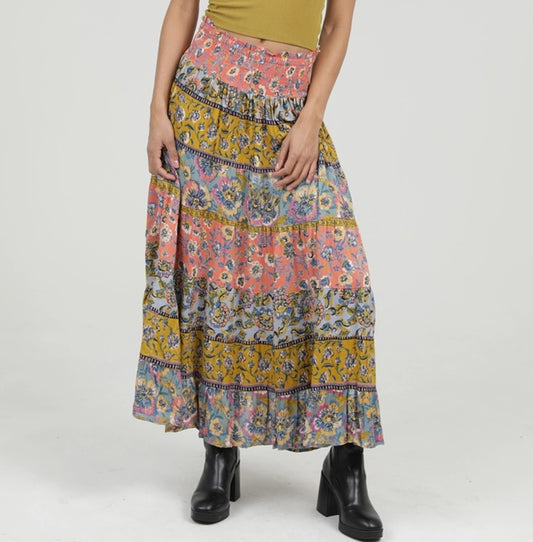 Mixed Print Tiered Maxi Skirt