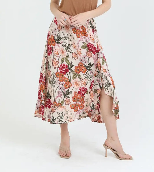 Floral Ruffle Slit Maxi Skirt