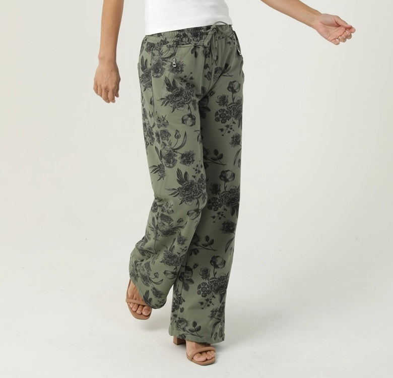 French Terry Wide Floral Print Straight Leg Pants