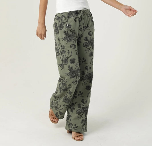 French Terry Wide Floral Print Straight Leg Pants