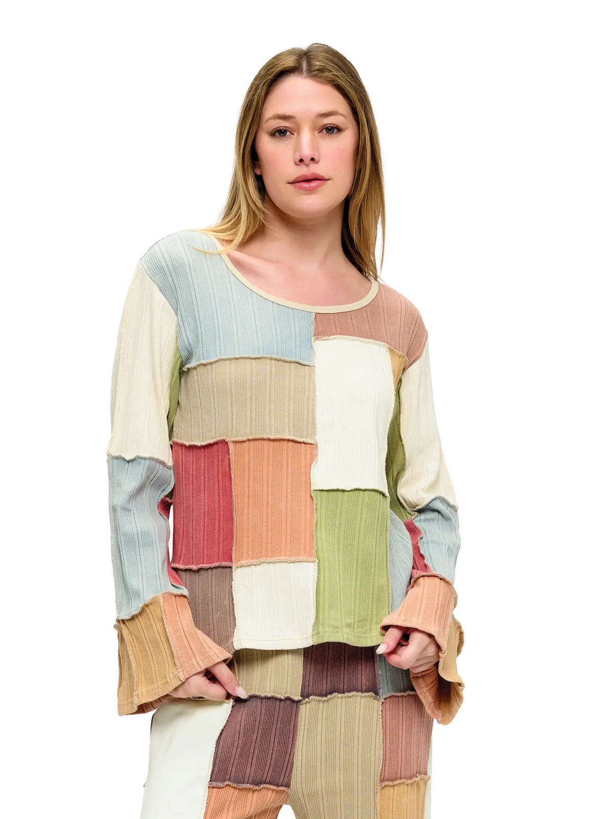 Long Sleeve Patchwork Top Bell Sleeves