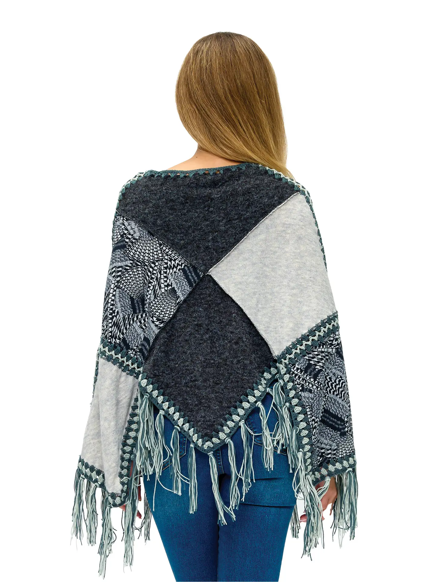 Patchwork Poncho With Fringe