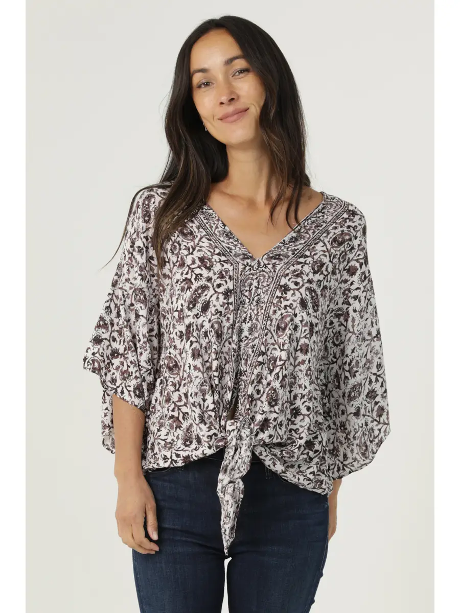 V-Neck Tie Waist Kimono Sleeve Top