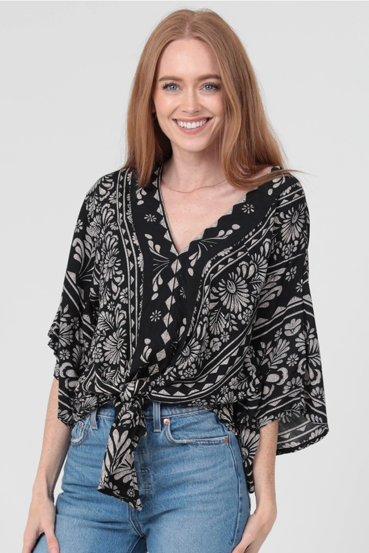 V-Neck Tie Waist Kimono Sleeve Top