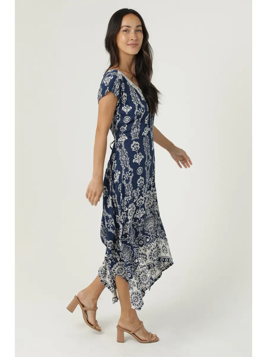 V-Neck Lace Trim Hanky Hem Dress