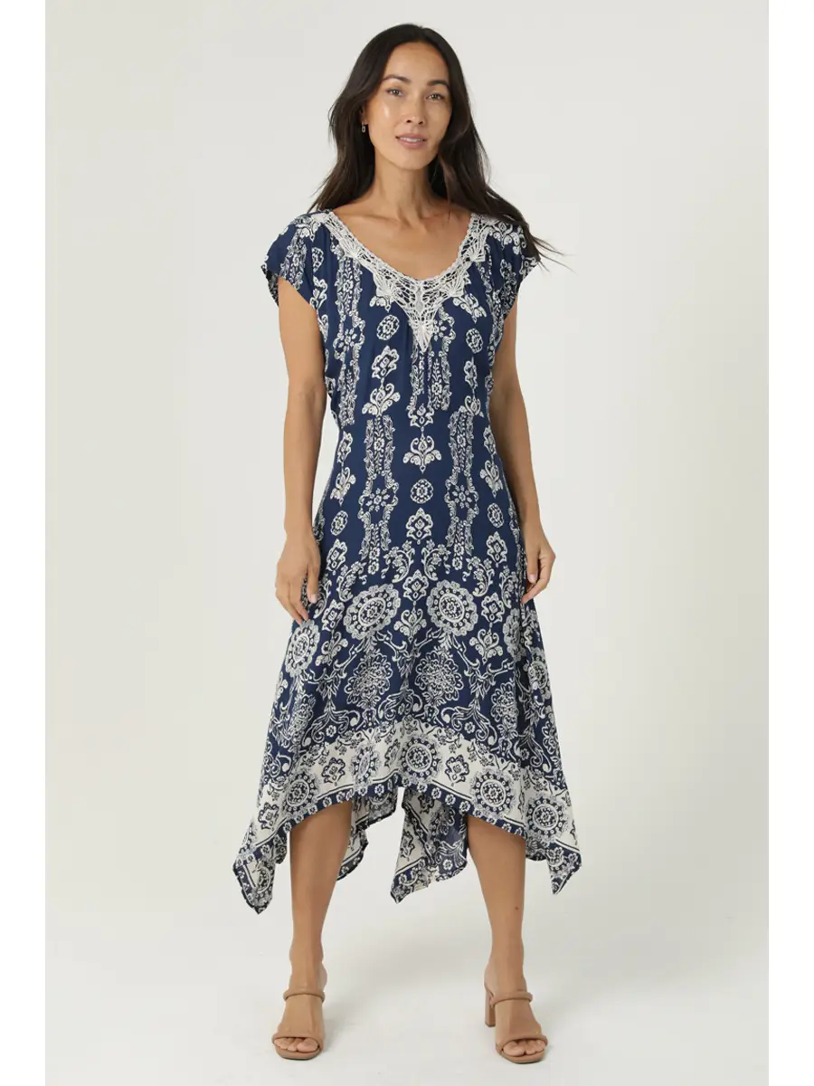 V-Neck Lace Trim Hanky Hem Dress