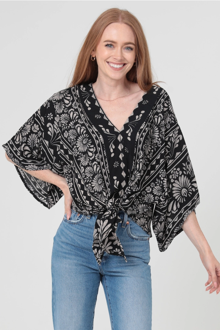 V-Neck Tie Waist Kimono Sleeve Top