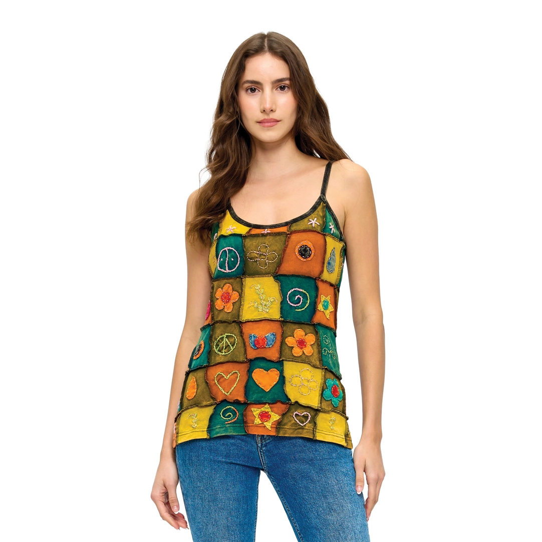 Hand-Stitched Symbols Patchwork Tank Top