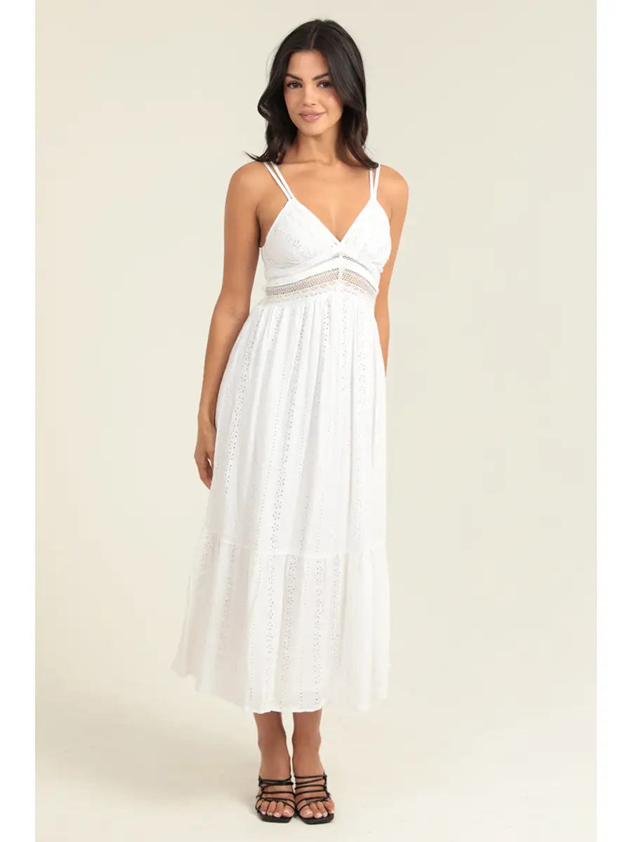 Eyelet Embroidered Midi Dress with Lace Inset