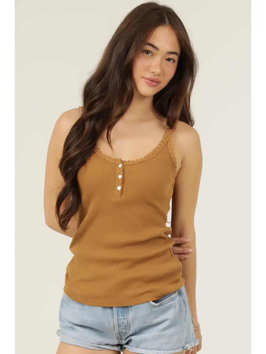 Rib Knit Lace Trim Henley Tank Top