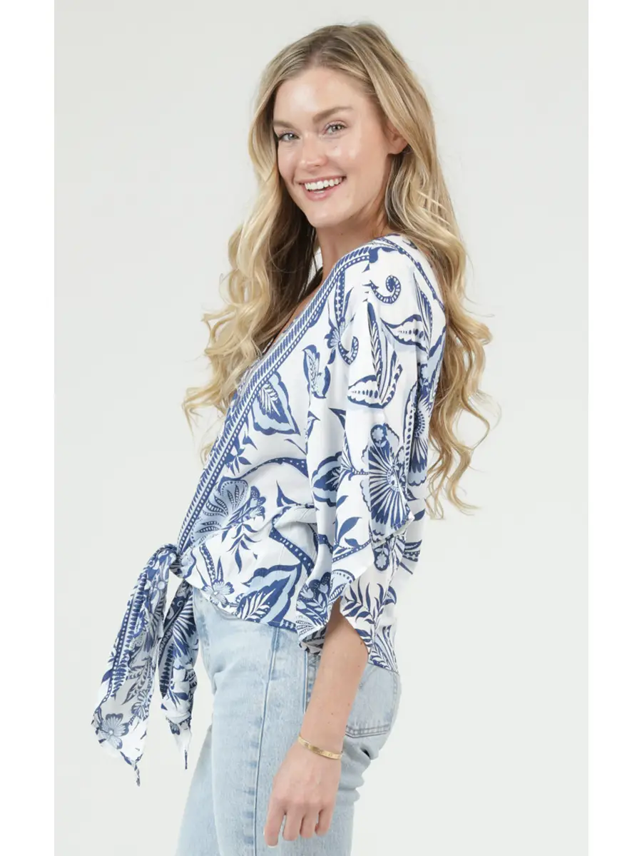 V-Neck Kimono Sleeve Tie Waist Blouse