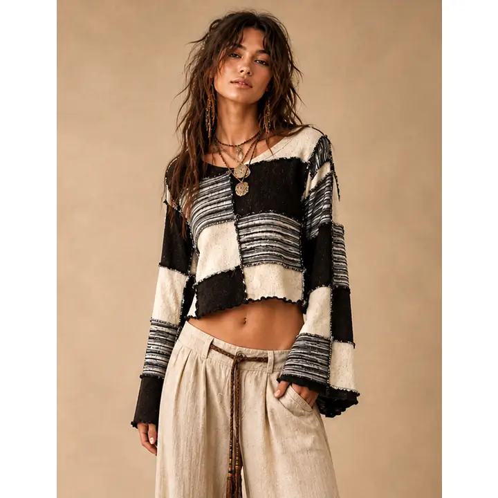 Boho Patchwork Long Sleeve Cropped Top