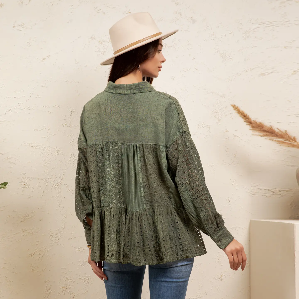 Mixed Media Spliced Denim Top