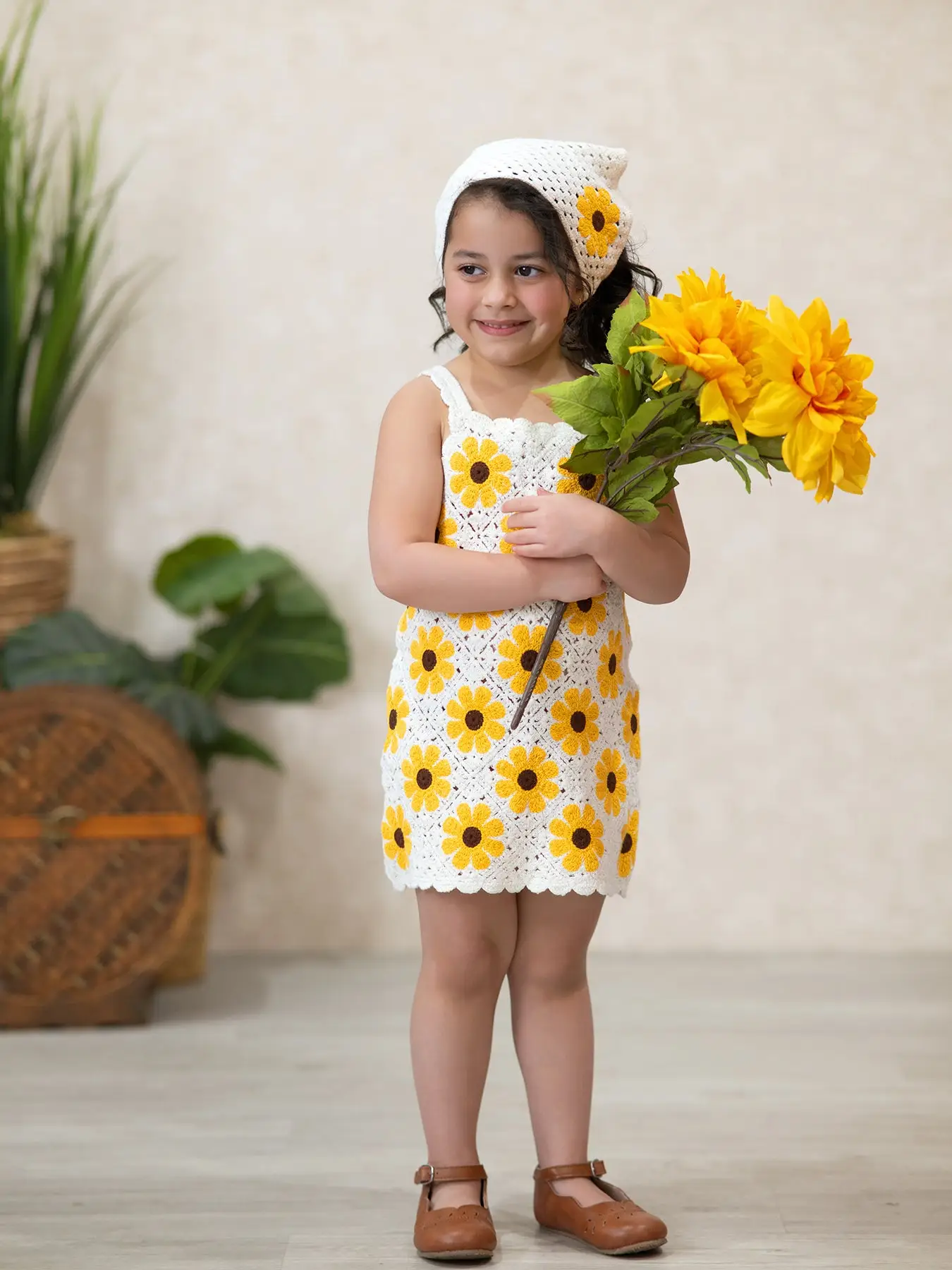 Girls Crocheted Sunflower Dress + Headscarf
