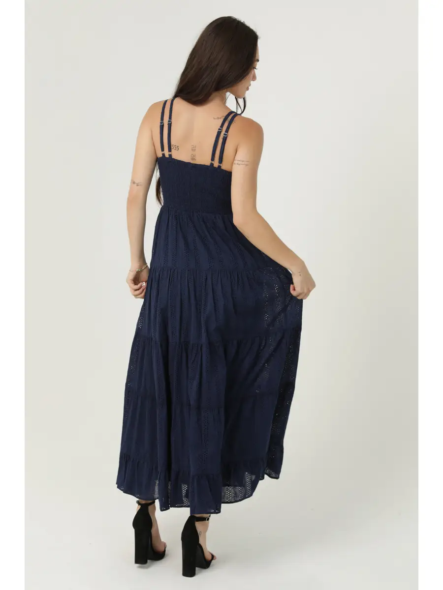 Eyelet Embroidered Midi Dress with Lace Inset