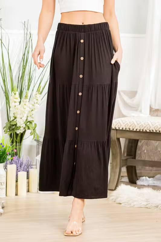 Solid Maxi Skirt w/ Buttons