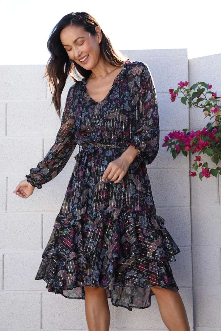 Lurex Long sleeve Tie Waist Dress