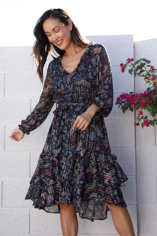 Lurex Long sleeve Tie Waist Dress