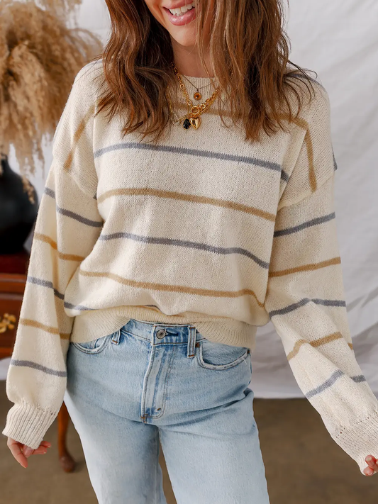 Striped Round Neck Drop Shoulder Sweater