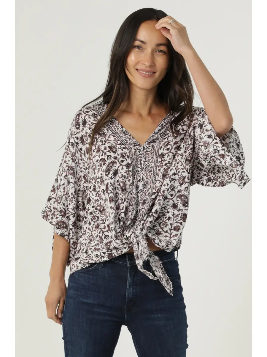 V-Neck Tie Waist Kimono Sleeve Top