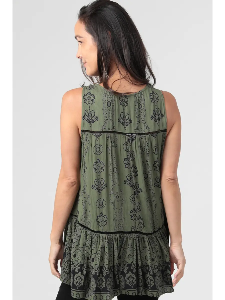 V-Neck Lace Trim Printed Tank