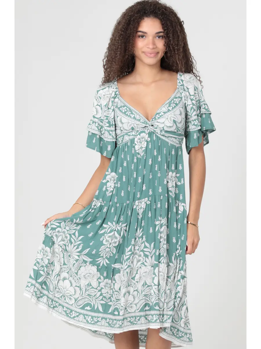 Twist Front Ruffle Sleeves Midi Dress