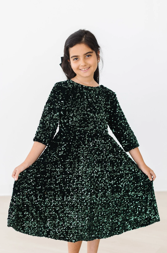 Girls Hunter Green Velvet Sequin Dress