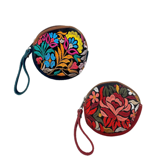 Round Embroidered Floral Leather Coin Purse