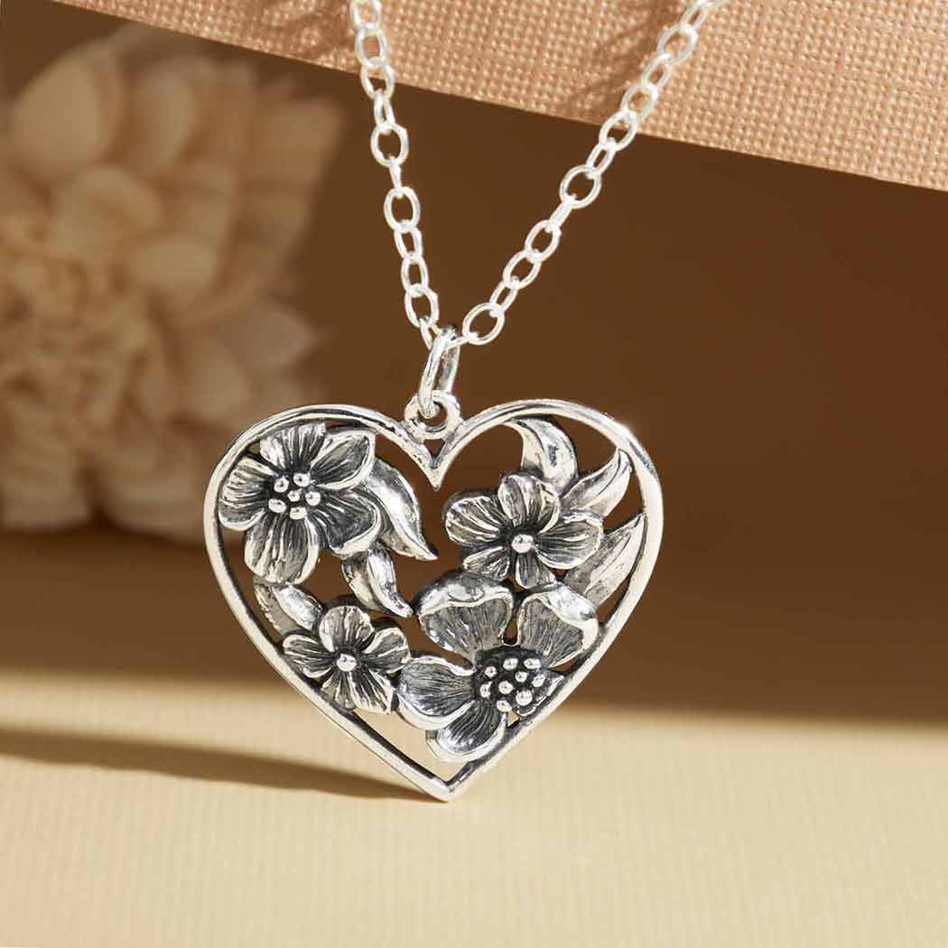 Sterling Apple Blossoms Heart Necklace