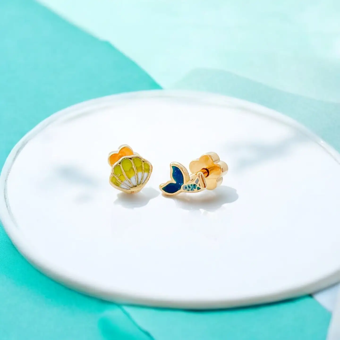 Mermaid Tail & Shell Tiny Screw Back Earrings
