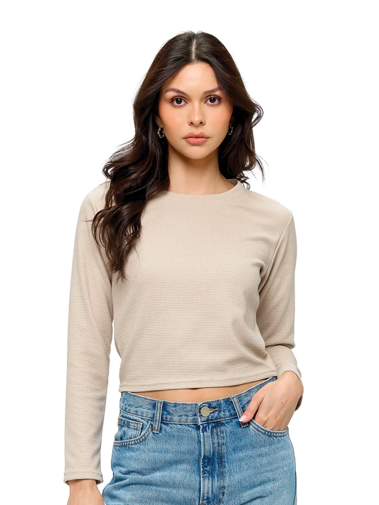 Waffle Knit Cropped Long Sleeve Top
